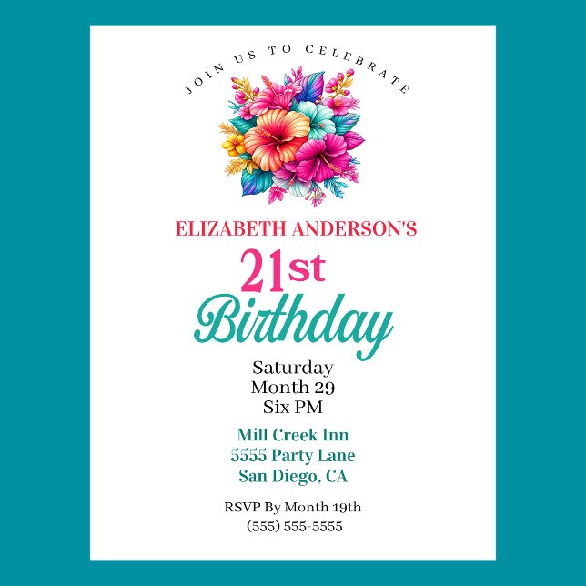 Tropiska blommor 21-årsdag inbjudningar (Tropical Flowers 21st Birthday Invitation For Women.  )