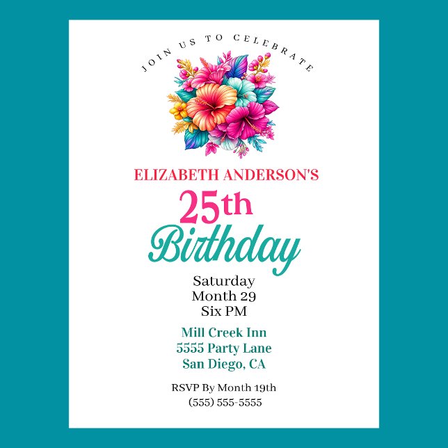 Tropiska blommor 25-årsdag inbjudningar (Tropical Flowers 25th Birthday Invitation For Women.  )