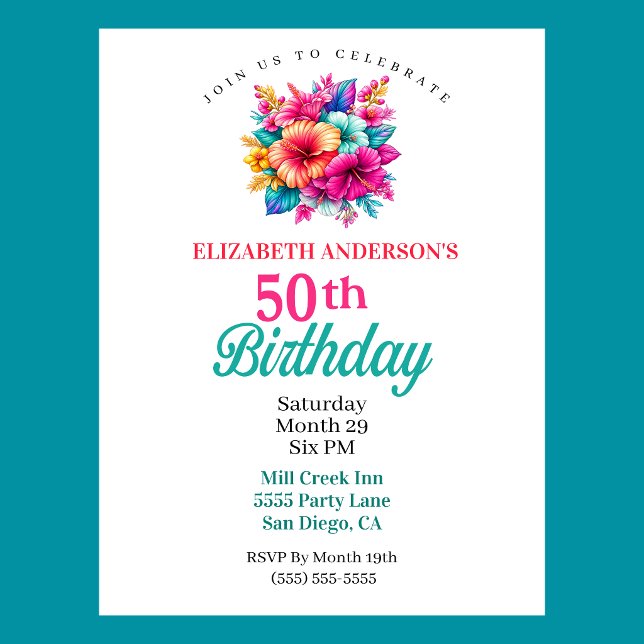 Tropiska blommor 50-årsdag inbjudningar (Tropical Flowers 50th Birthday Invitation For Women.  )