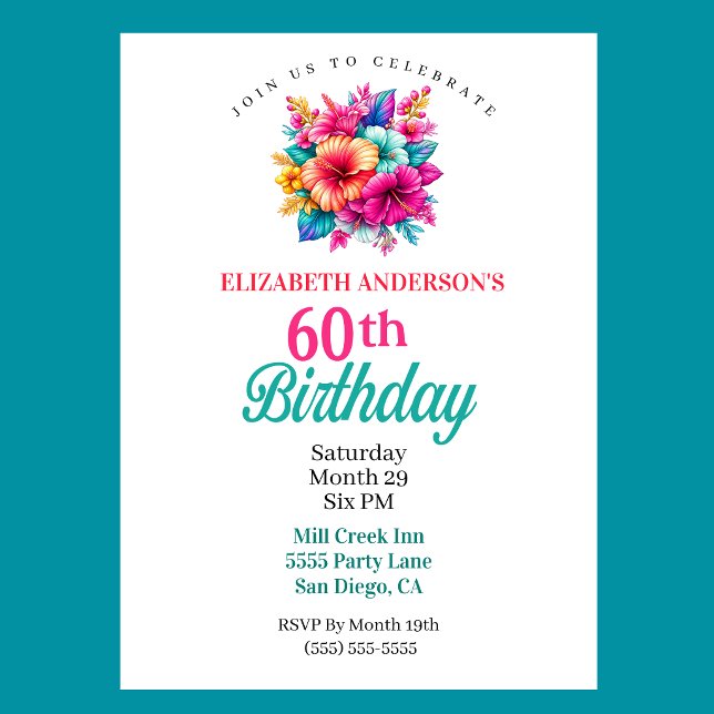 Tropiska blommor 60-årsdag inbjudningar (Tropical Flowers 60th Birthday Invitation For Women.)
