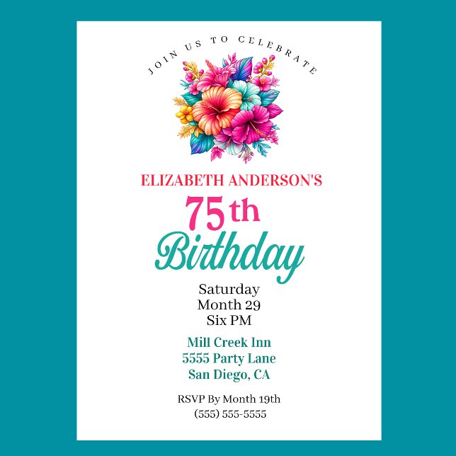 Tropiska blommor 75-årsdag inbjudningar (Tropical Flowers 75th Birthday Invitation For Women.)