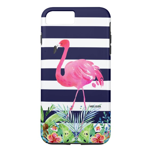 Tropiska blommor, blå strioer och rosa flamingo Case-Mate iPhone skal (Baksida)