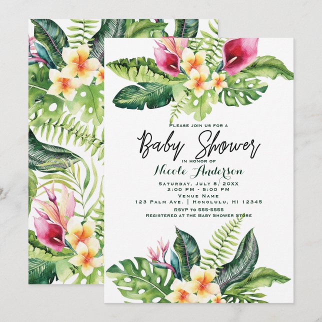 Tropiska blommor & blad Blomstergrej Babyshower Inbjudningar (Fram/baksida)