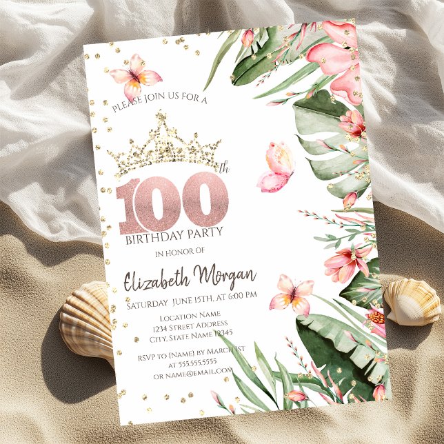Tropiska blommor blad diamanter 100-årsdag inbjudningar (Skapare uppladdad)
