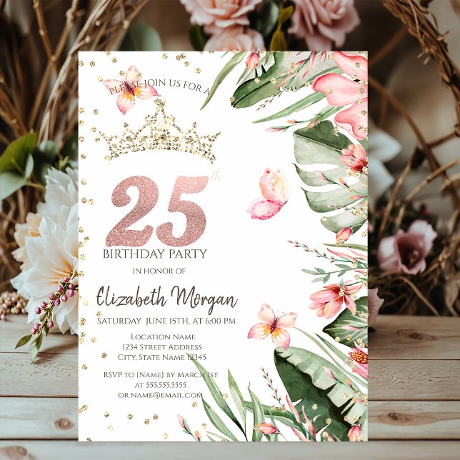 Tropiska blommor blad diamanter 25-årsdag inbjudningar (Skapare uppladdad)
