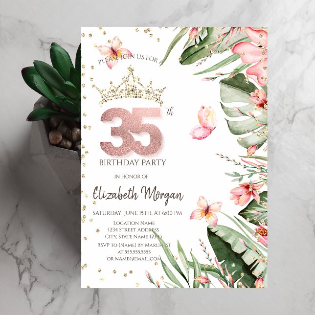 Tropiska blommor blad diamanter 35-årsdag inbjudningar (Skapare uppladdad)