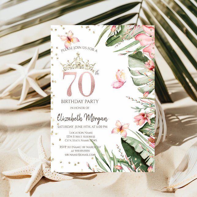 Tropiska blommor blad diamanter 70-årsdag inbjudningar (Skapare uppladdad)