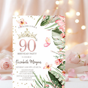 Tropiska blommor blad diamanter 90-årsdag inbjudningar