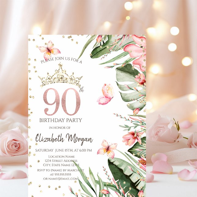 Tropiska blommor blad diamanter 90-årsdag inbjudningar (Skapare uppladdad)