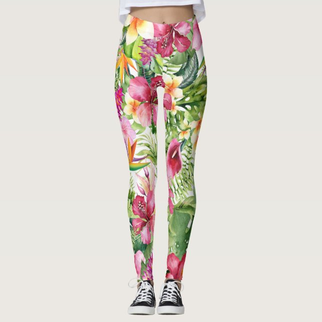 Tropiska blommor & blad hawaiianskt blomster leggings (Framsida)