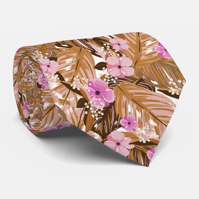 Tropiska blommor blad rosa tan beige brun slips (Rullad)