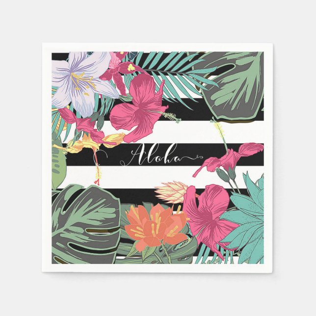 Tropiska Blommor Blad Svarta Vita Ränder Pappersservett (Framsidan)