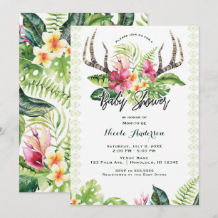 Tropiska blommor Boho rustika horn Baby Shower Inbjudningar