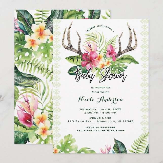Tropiska blommor Boho rustika horn Baby Shower Inbjudningar (Fram/baksida)