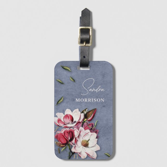 Tropiska blommor dammig blå monogramnamn bagagebricka (Framsida vertikal)