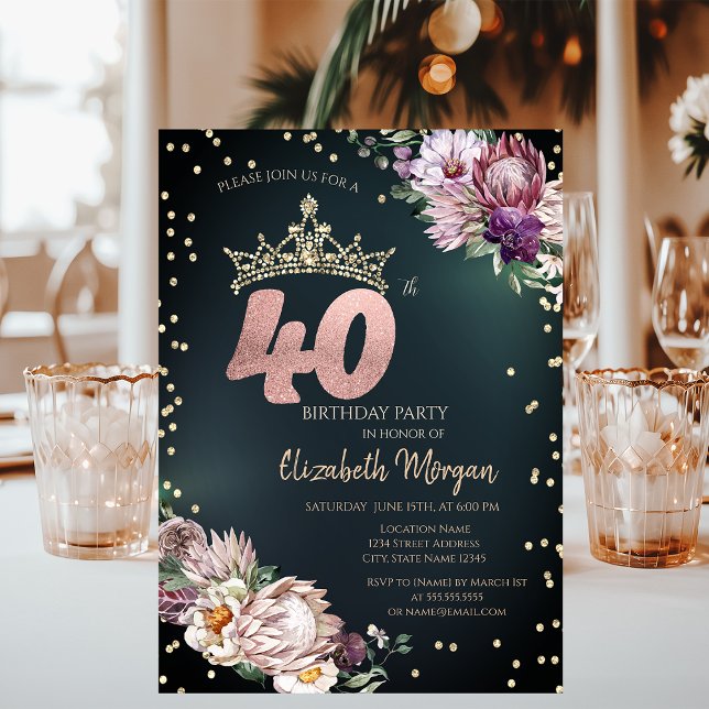 Tropiska blommor Diadem Diamanter Gröna 40-årsdag Inbjudningar (Skapare uppladdad)