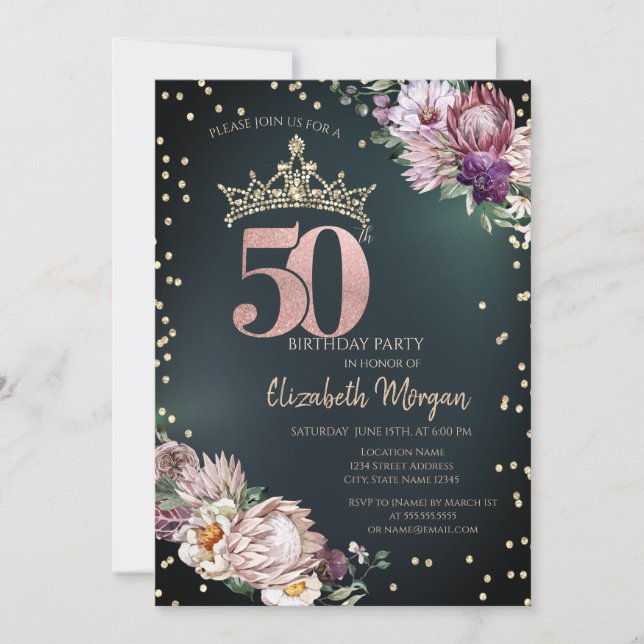 Tropiska blommor Diadem Diamanter Gröna 50-års Inbjudningar (Framsida)