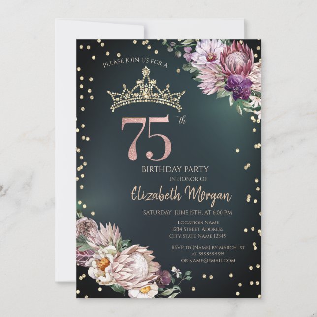 Tropiska blommor Diadem Diamanter Gröna 75-årsdag Inbjudningar (Framsida)