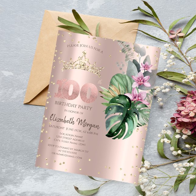 Tropiska blommor Diamanter Roséguld 100-årsdag Inbjudningar (Skapare uppladdad)