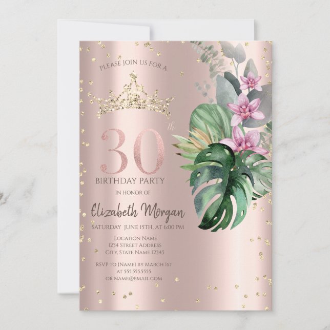Tropiska blommor Diamanter Roséguld 30-årsdag Inbjudningar (Framsida)