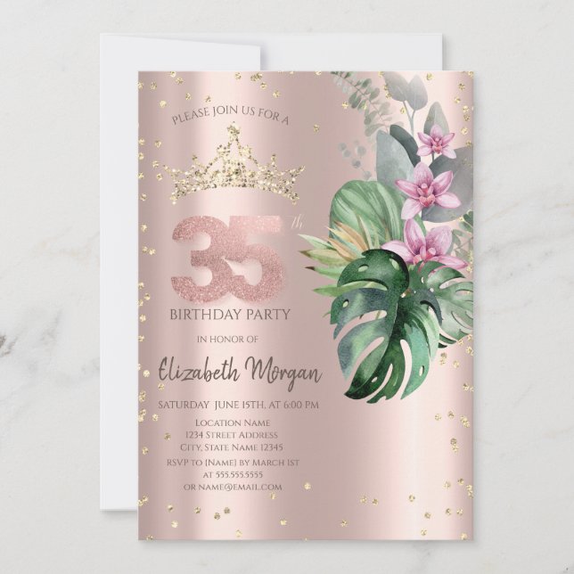 Tropiska blommor Diamanter Roséguld 35-årsdag Inbjudningar (Framsida)