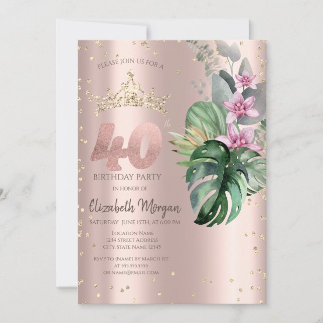 Tropiska blommor Diamanter Roséguld 40-årsdag Inbjudningar (Framsida)