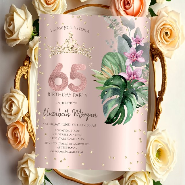 Tropiska blommor Diamanter Roséguld 65-årsdag Inbjudningar (Skapare uppladdad)