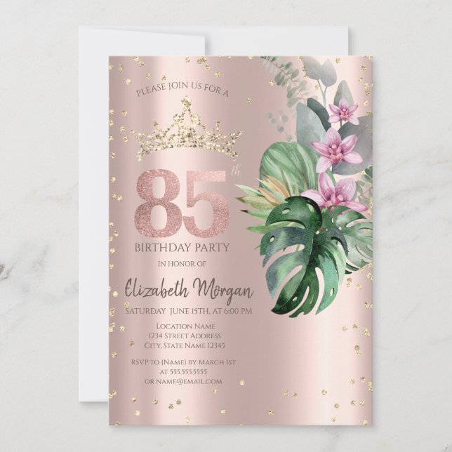 Tropiska blommor Diamanter Roséguld 85-årsdag Inbjudningar (Framsida)