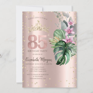 Tropiska blommor Diamanter Roséguld 85-årsdag Inbjudningar