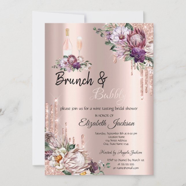 Tropiska blommor dropp rose gold brunch & bubbelvi inbjudningar (Framsida)