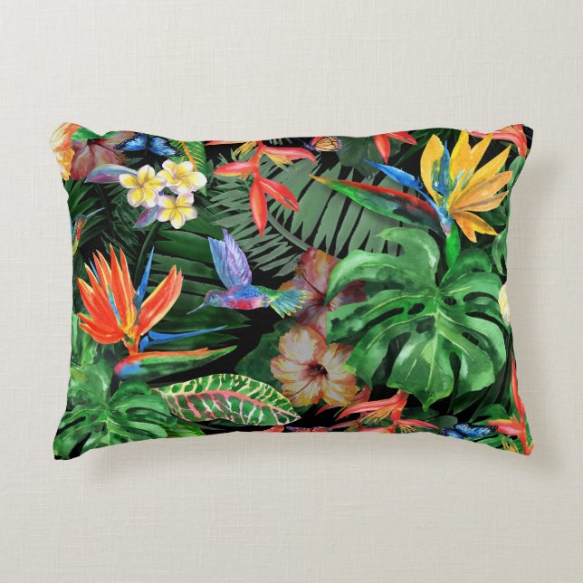 Tropiska blommor: Exotic Watercolor Mönster Prydnadskudde (Framsidan)