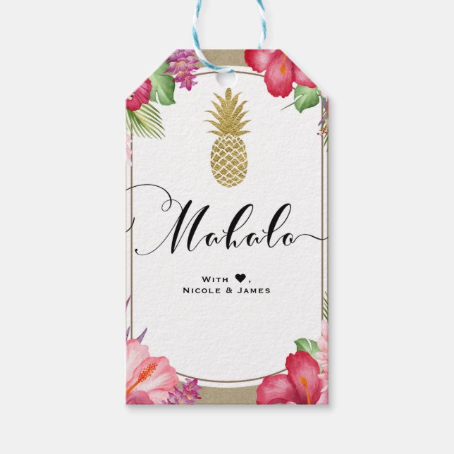Tropiska blommor Guld Ananas Chic  MAHALO ALOHA Presentetikett (Framsidan)