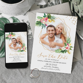 Tropiska blommor Guld Geometriskt foto Spara Datumet