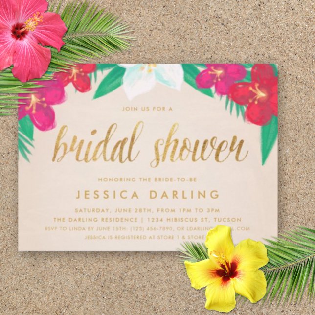 Tropiska blommor Guld Inbjudningskort för möhippan (Bridal Shower Luau Party Invitation)