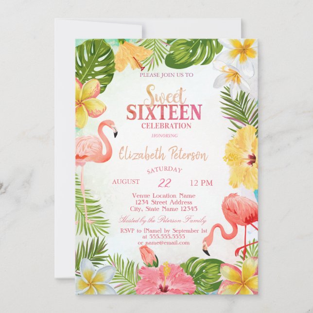 Tropiska blommor Handflatan Flamingos Sweet 16 Par Inbjudningar (Framsida)
