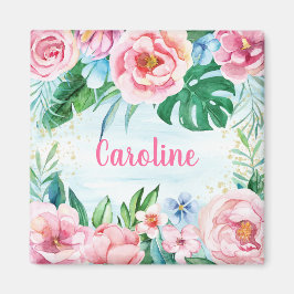 Tropiska blommor Handflatan Löv Rosa Grönt Vattenf Magnet