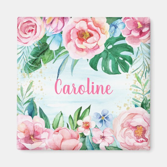 Tropiska blommor Handflatan Löv Rosa Grönt Vattenf Magnet (Framsidan)