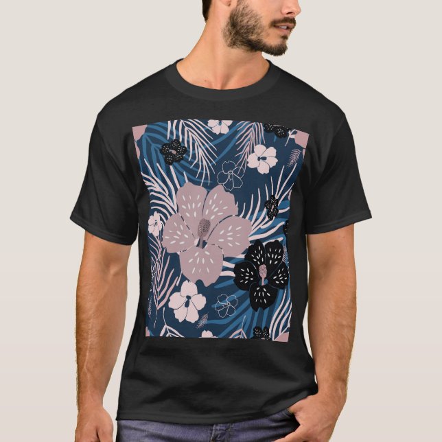 Tropiska blommor Handflatan Löv Struktur T Shirt (Framsida)