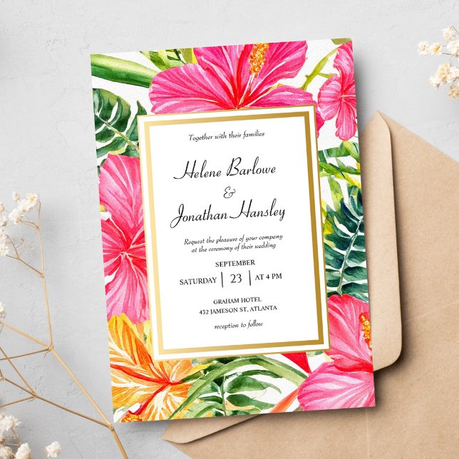 Tropiska blommor Hibiscus Destination Wedding Inbjudningar (Tropical Flowers Hibiscus Destination Wedding Invitation)