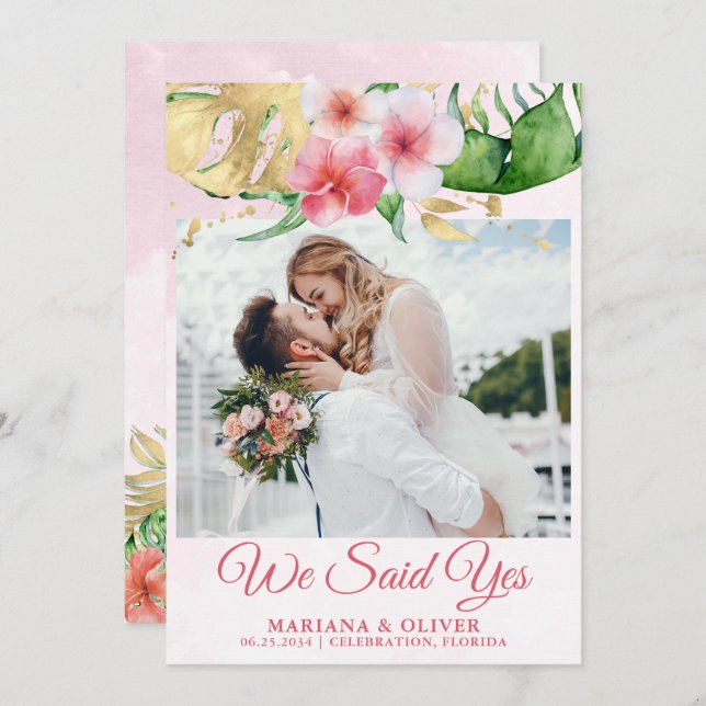 Tropiska blommor i bröllop Guld Inbjudningar (Fram/baksida)