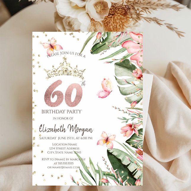 Tropiska blommor Lämnar diamanter 60:e födelsedage Inbjudningar (Skapare uppladdad)