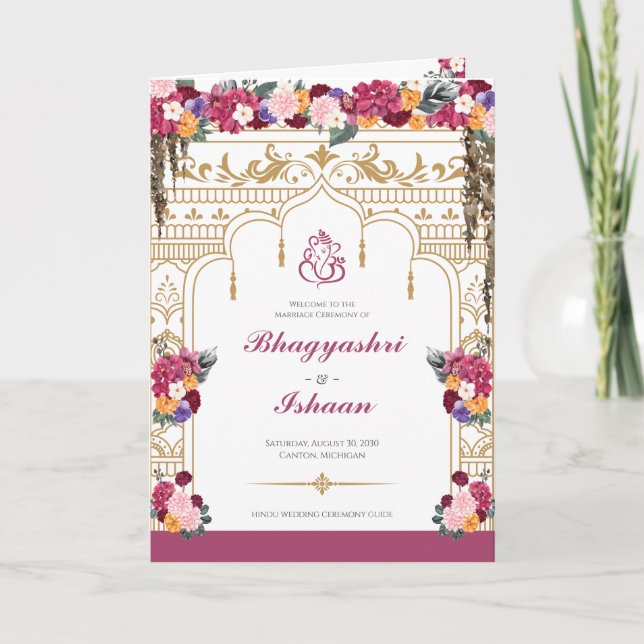 Tropiska blommor & Löv Hindu Bröllop Ceremony Program (Framsida)