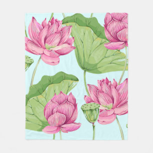 Tropiska blommor, löv, rosa lotus, vatten lily. fleecefilt