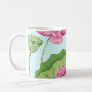Tropiska blommor, löv, rosa lotus, vatten lily. kaffemugg