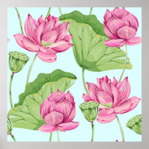 Tropiska blommor, löv, rosa lotus, vatten lily. poster