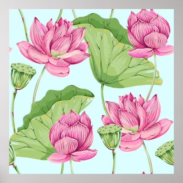 Tropiska blommor, löv, rosa lotus, vatten lily. poster (Framsidan)