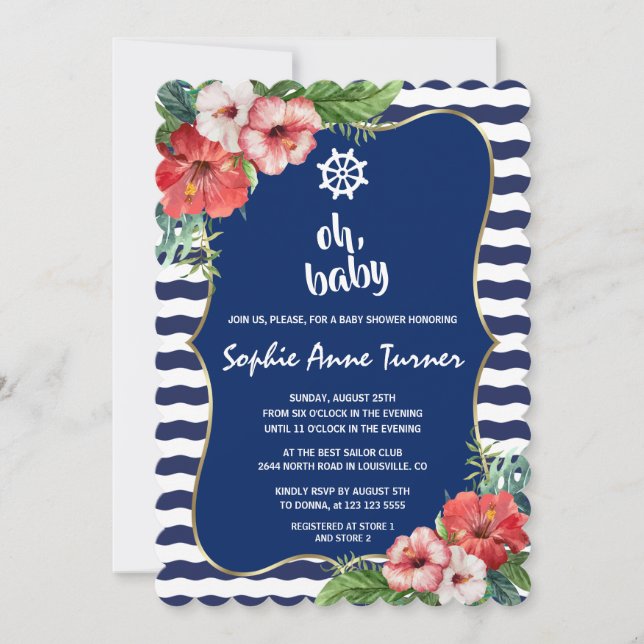 Tropiska blommor Luau Navy Rand BABY SHOWER Inbjudningar (Framsida)