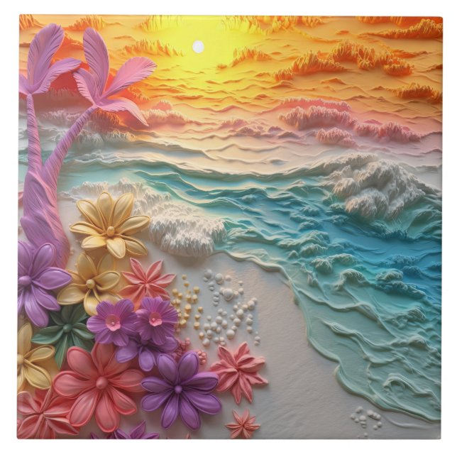 Tropiska blommor med Beach Sunset Kakelplatta (Framsidan)