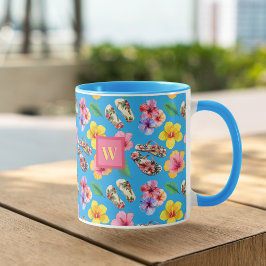 Tropiska blommor med FlipFlops Rosa Monogram på Bl Mugg