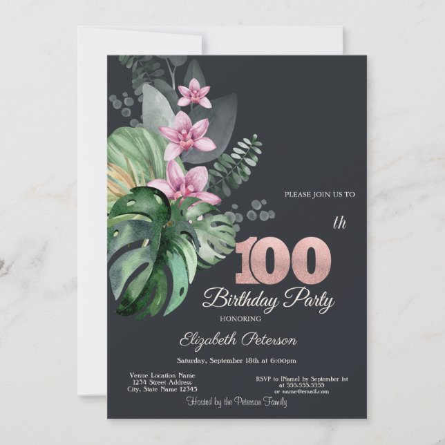 Tropiska blommor Mörk 100-årsdag Inbjudningar (Framsida)